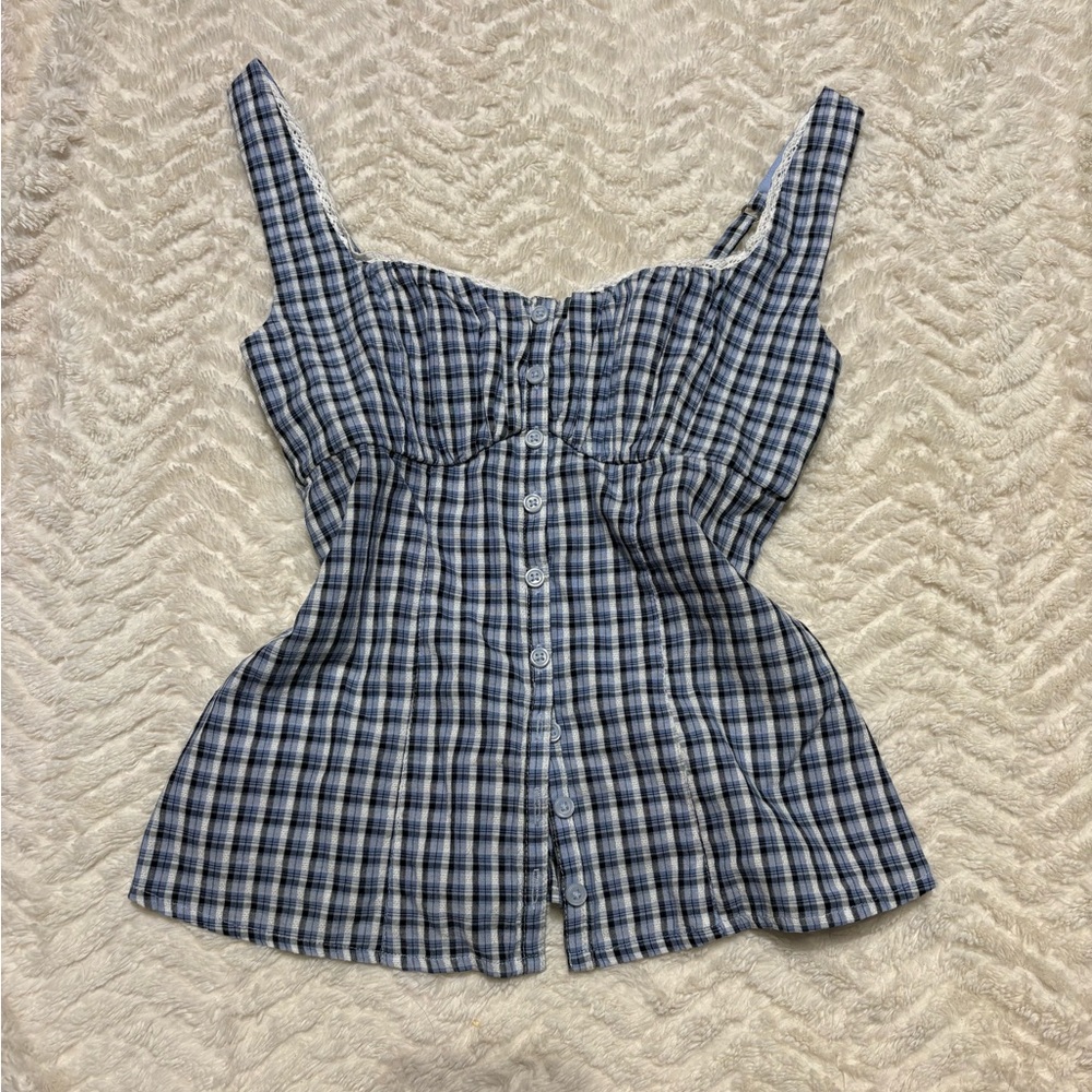 Hollister Blue and White Plaid Top